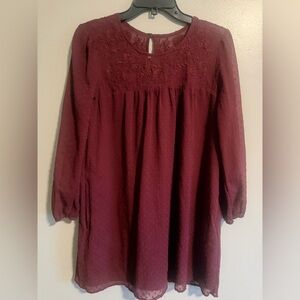 Abercrombie & Fitch Maroon Swiss Dot Sheer sleeve embroidered short dress PS